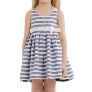 Tahari Dress Baby 2T‎ Blue White Silver Striped Sleeveless Bow Nautical Dress